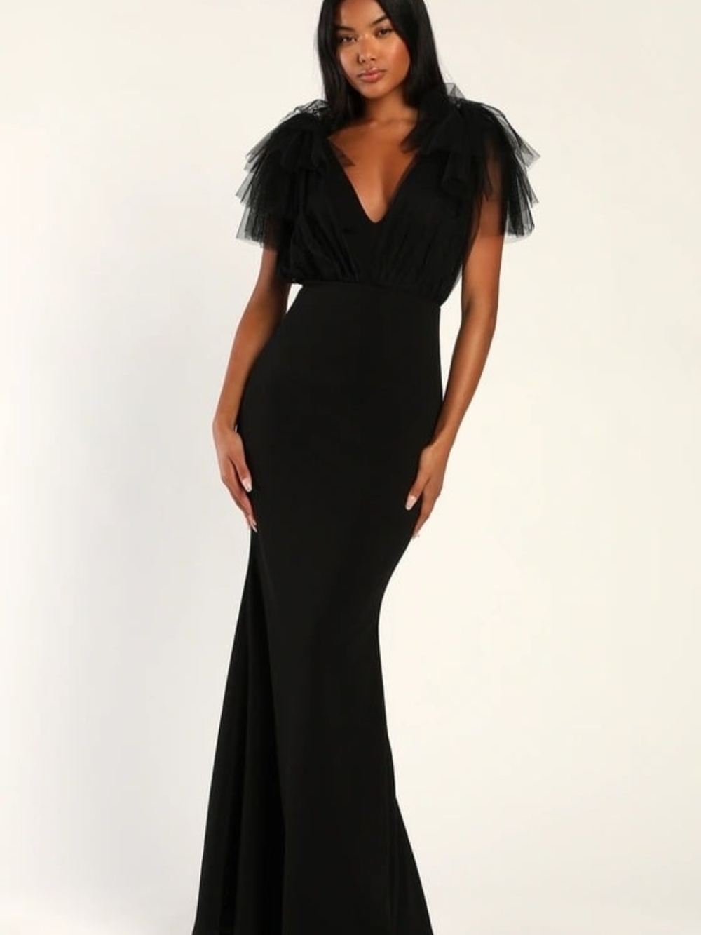 Lulus Fabulous Fun Black Tulle Flutter Sleeve Mermaid Maxi